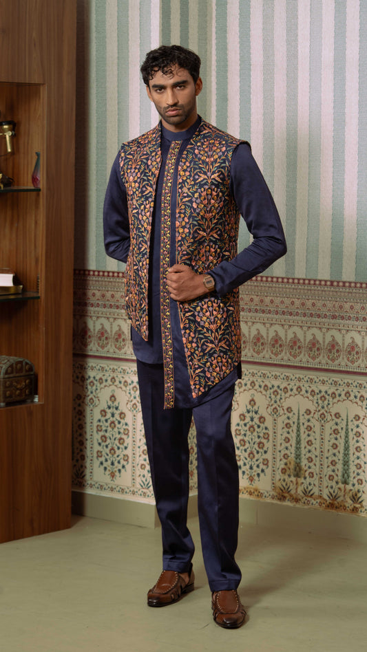 Navy Blue Multicolor Floral Asymmetric Bundi Jacket Kurta Set for Men | BWO by Smit Pithadia