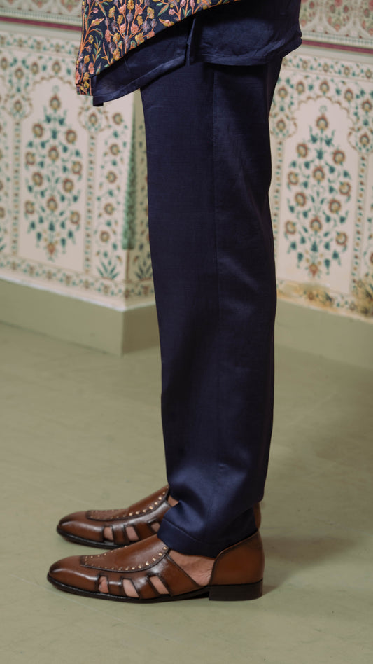 Navy Blue Multicolor Floral Asymmetric Bundi Jacket Kurta Set for Men | BWO by Smit Pithadia