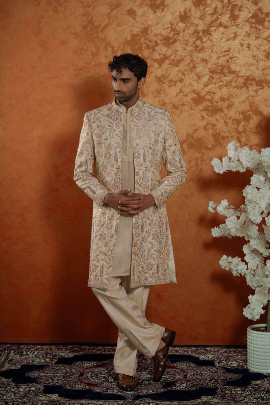 Tissue Champagne Pastel Floral Open Sherwani Jacket Kurta Set for Men | BWO by Smit Pithadia