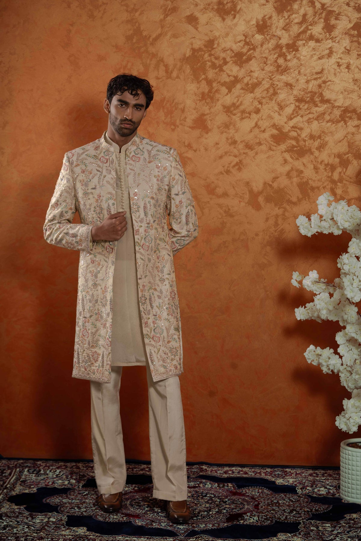 Tissue Champagne Pastel Floral Open Sherwani Jacket Kurta Set for Men | BWO by Smit Pithadia