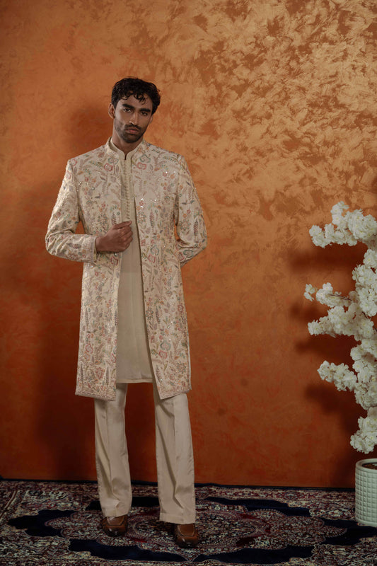 Tissue Champagne Pastel Floral Open Sherwani Jacket Kurta Set for Men | BWO by Smit Pithadia