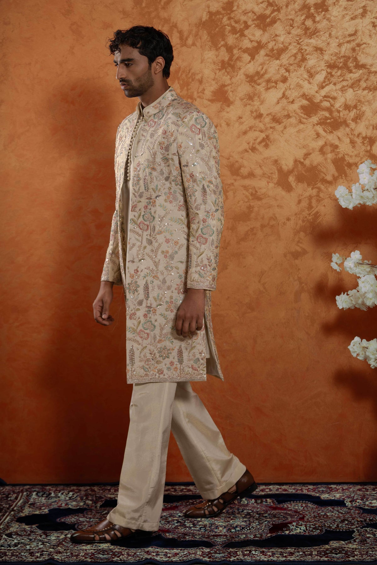 Tissue Champagne Pastel Floral Open Sherwani Jacket Kurta Set for Men | BWO by Smit Pithadia
