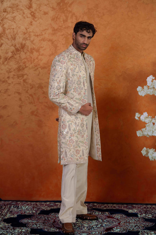 Tissue Champagne Pastel Floral Open Sherwani Jacket Kurta Set for Men | BWO by Smit Pithadia