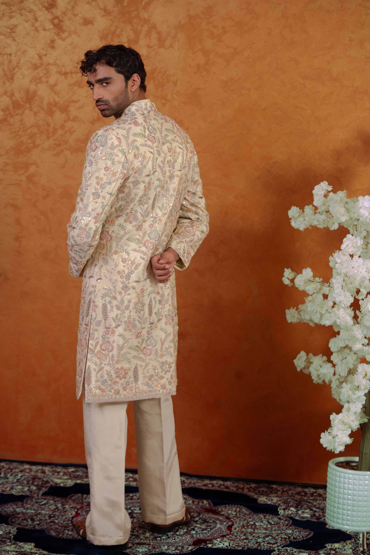 Tissue Champagne Pastel Floral Open Sherwani Jacket Kurta Set for Men | BWO by Smit Pithadia