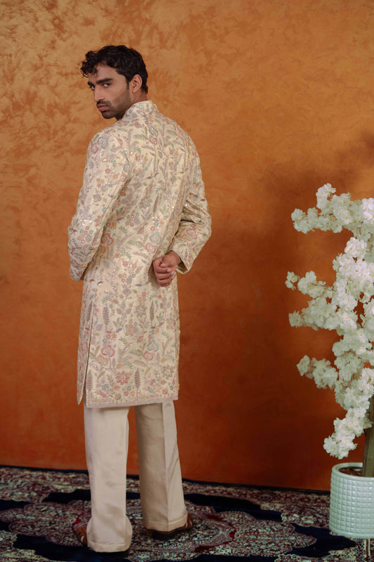 Tissue Champagne Pastel Floral Open Sherwani Jacket Kurta Set for Men | BWO by Smit Pithadia
