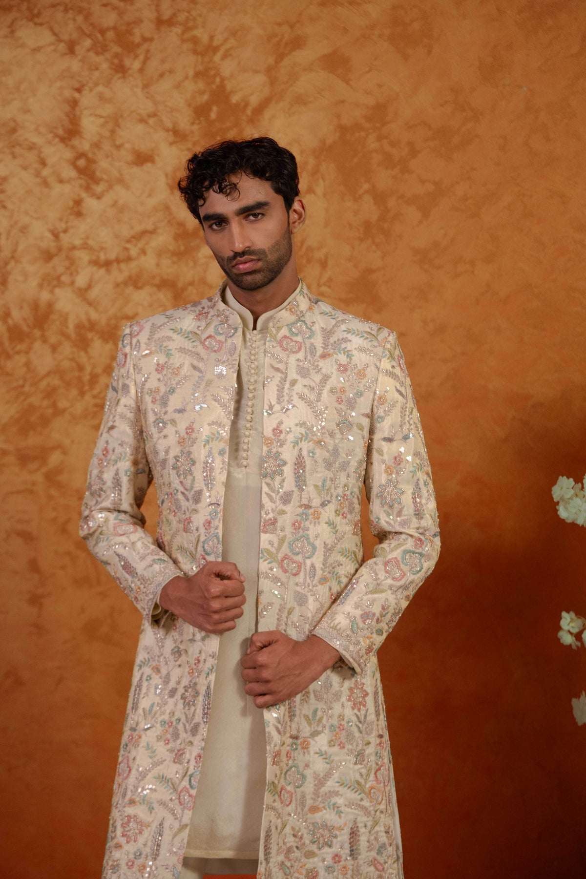 Tissue Champagne Pastel Floral Open Sherwani Jacket Kurta Set for Men | BWO by Smit Pithadia