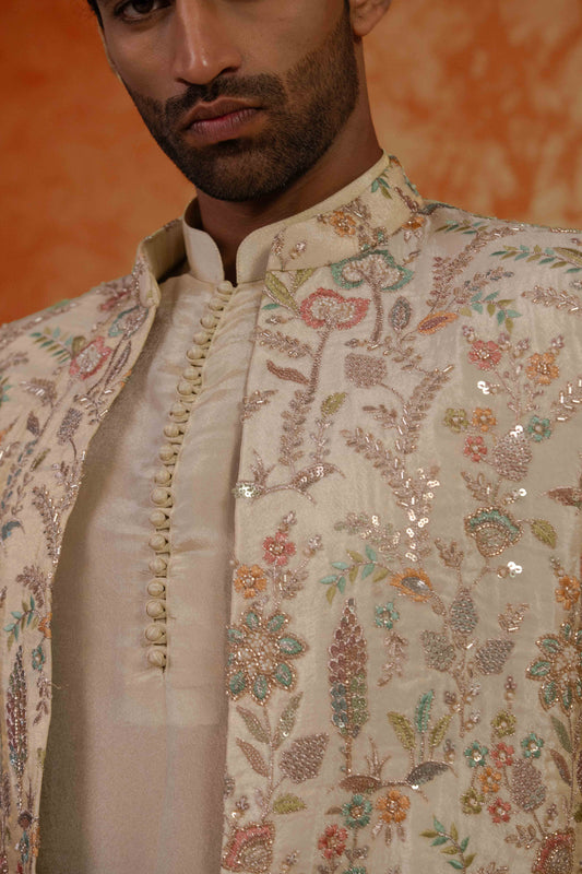 Tissue Champagne Pastel Floral Open Sherwani Jacket Kurta Set for Men | BWO by Smit Pithadia