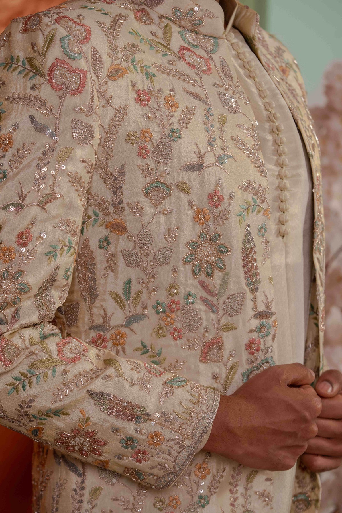 Tissue Champagne Pastel Floral Open Sherwani Jacket Kurta Set for Men | BWO by Smit Pithadia