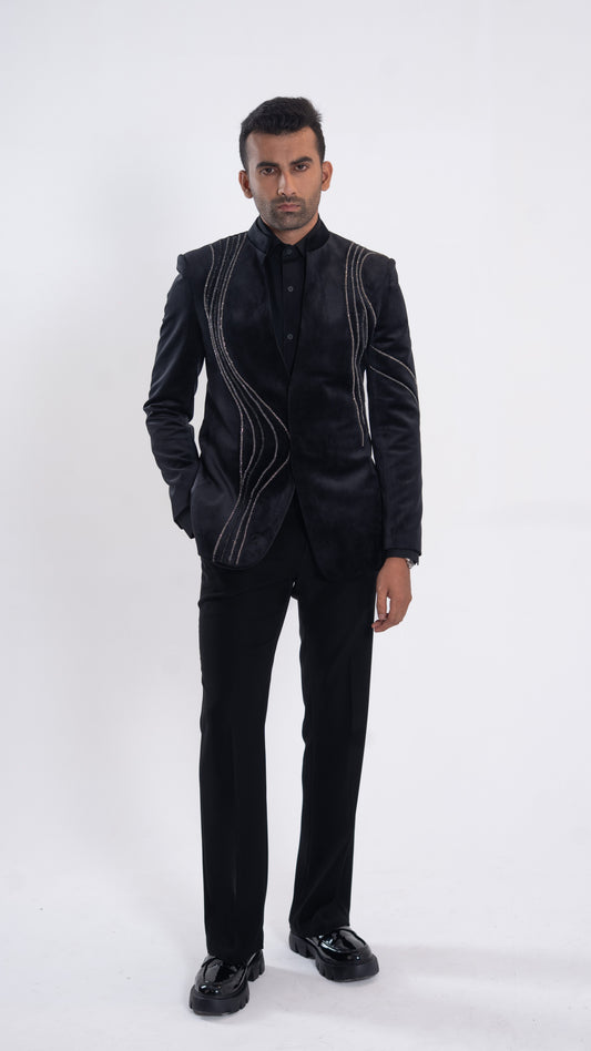 Black Suede Hand Embroidered Tubes Tuxedo Set for Men | BWO by Smit Pithadia