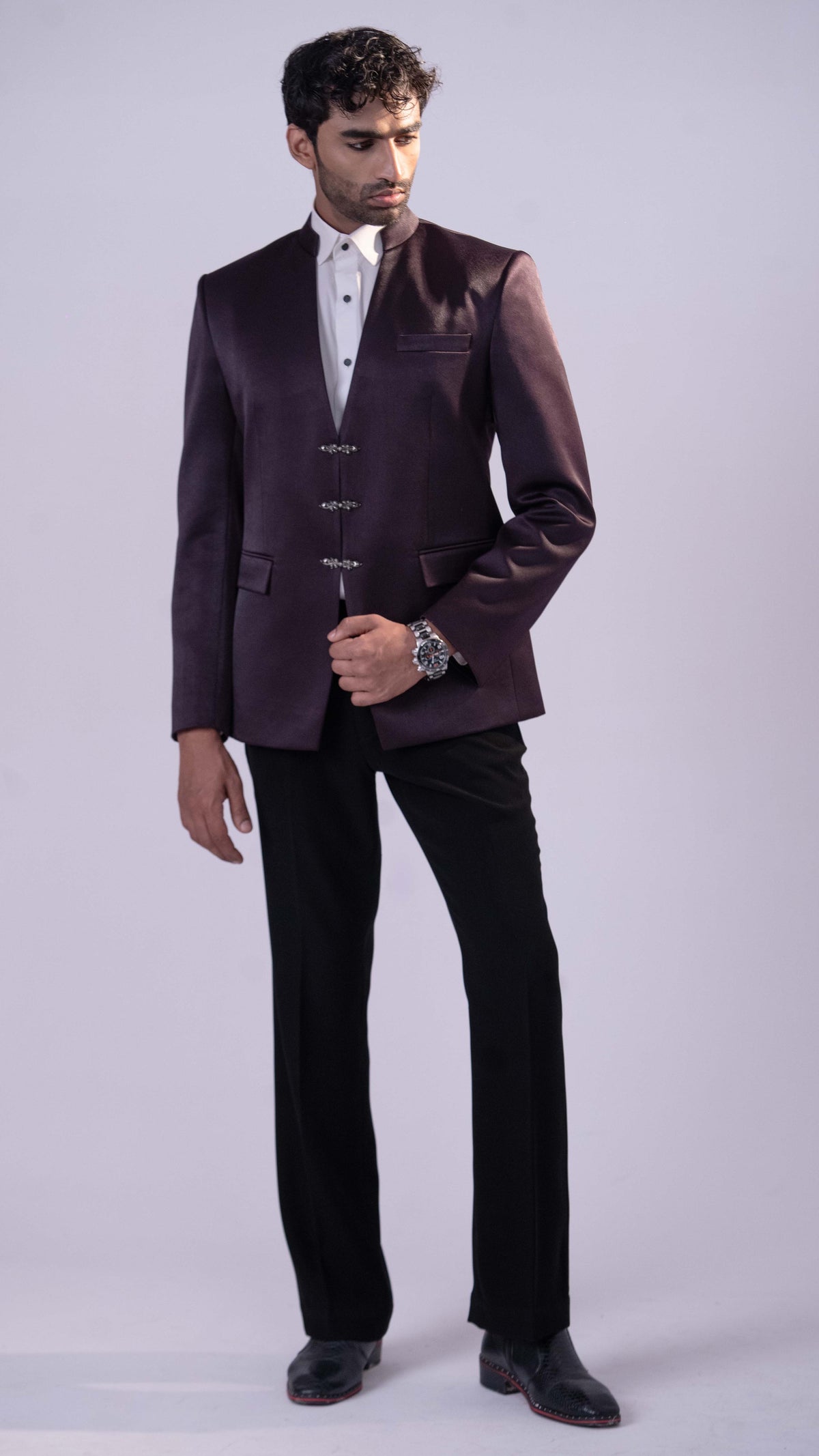 Wine V-Neck Jodhpuri Set for Men | BWO by Smit Pithadia