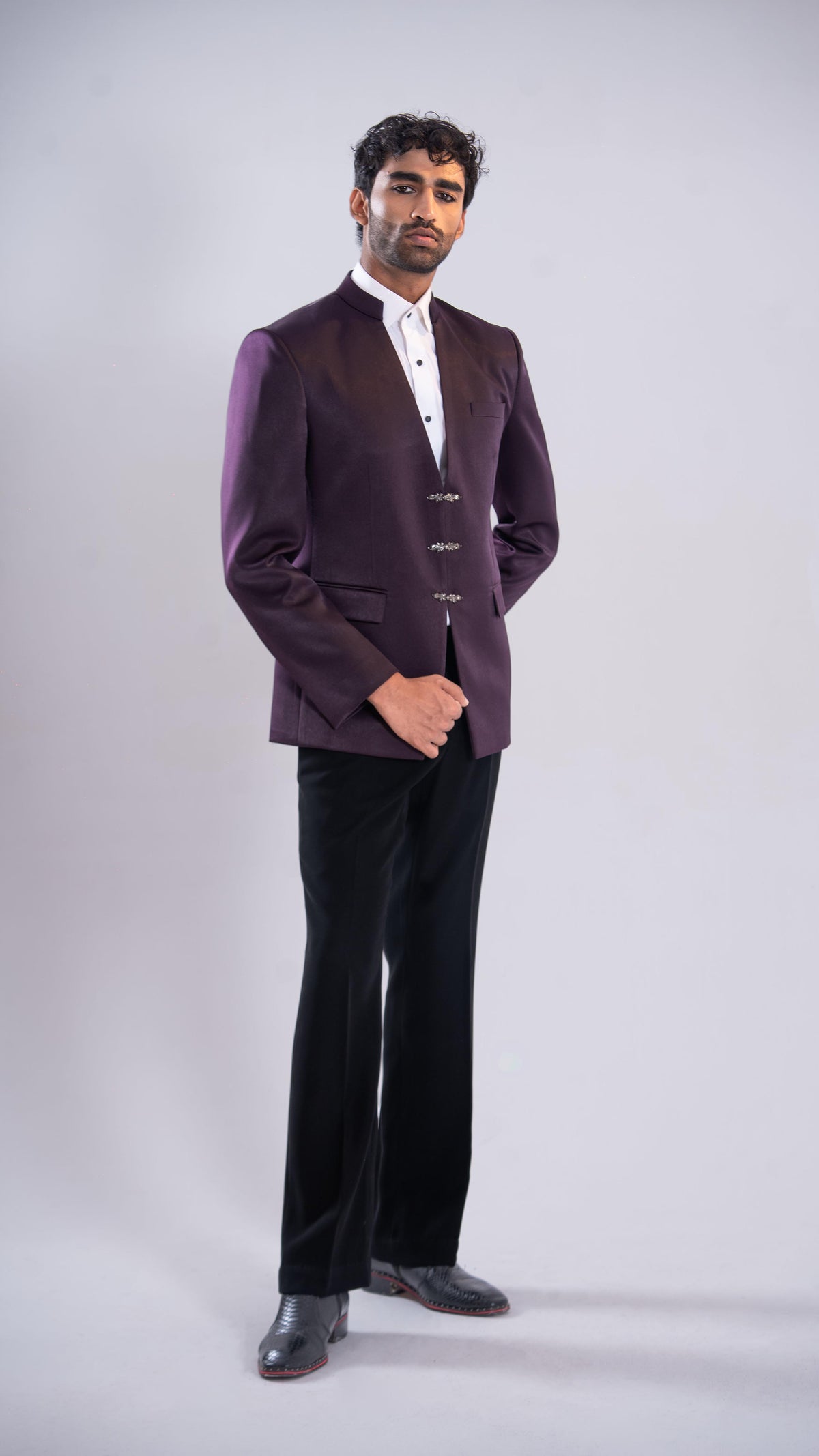 Wine V-Neck Jodhpuri Set for Men | BWO by Smit Pithadia