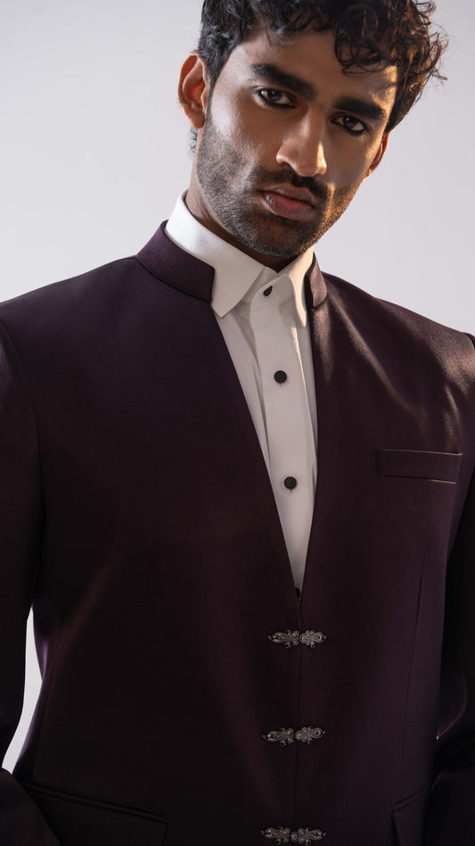 Wine V-Neck Jodhpuri Set for Men | BWO by Smit Pithadia