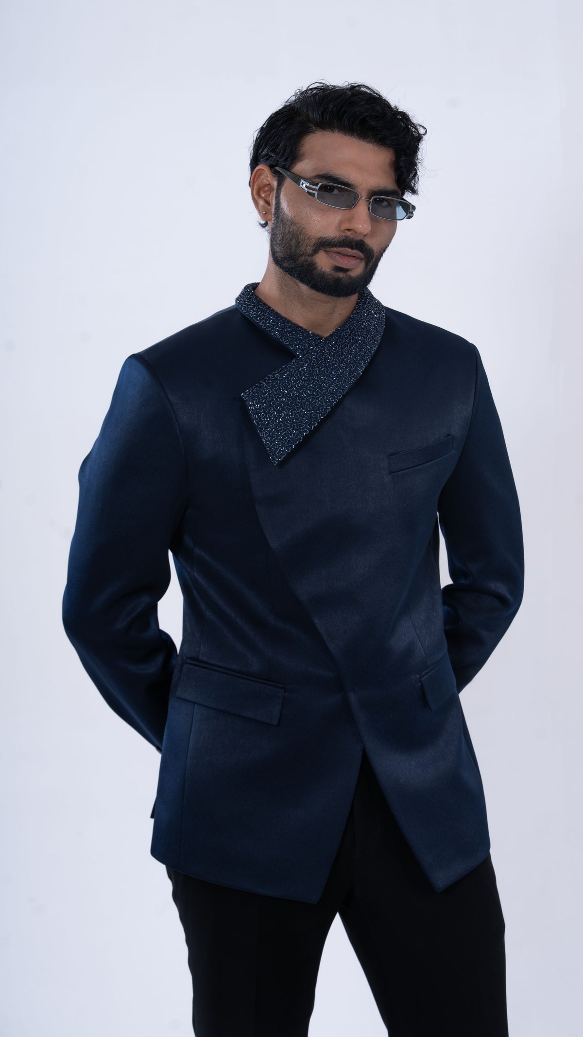 Navy Satin Crystal Collar Jodhpuri Set for Men | BWO by Smit Pithadia