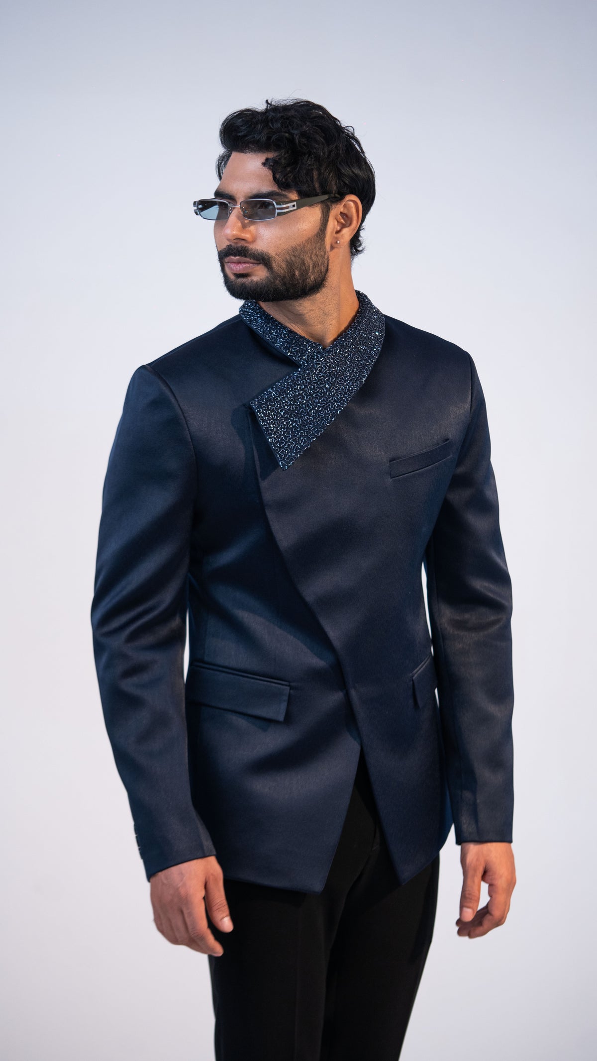 Navy Satin Crystal Collar Jodhpuri Set for Men | BWO by Smit Pithadia