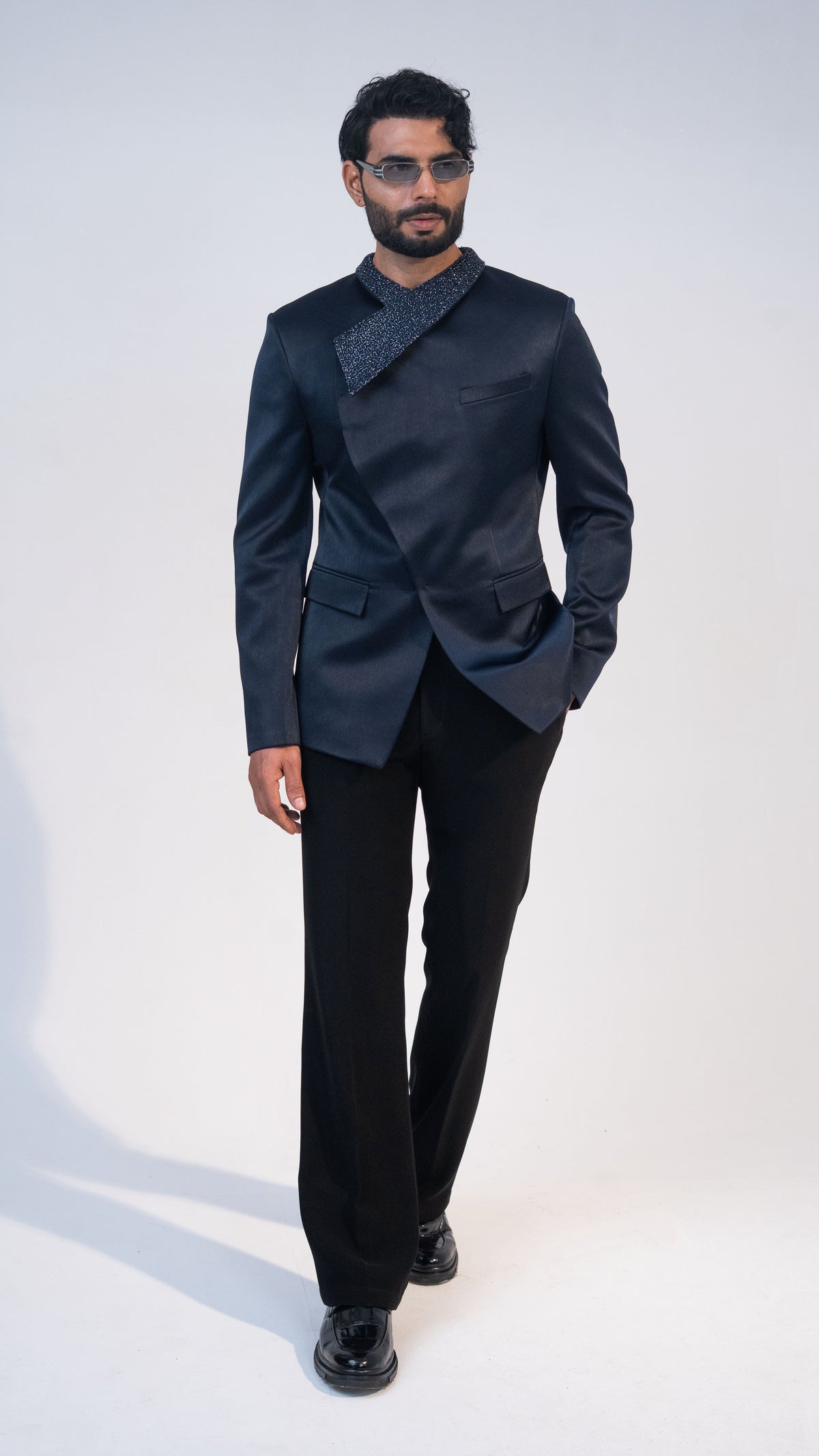 Navy Satin Crystal Collar Jodhpuri Set for Men | BWO by Smit Pithadia