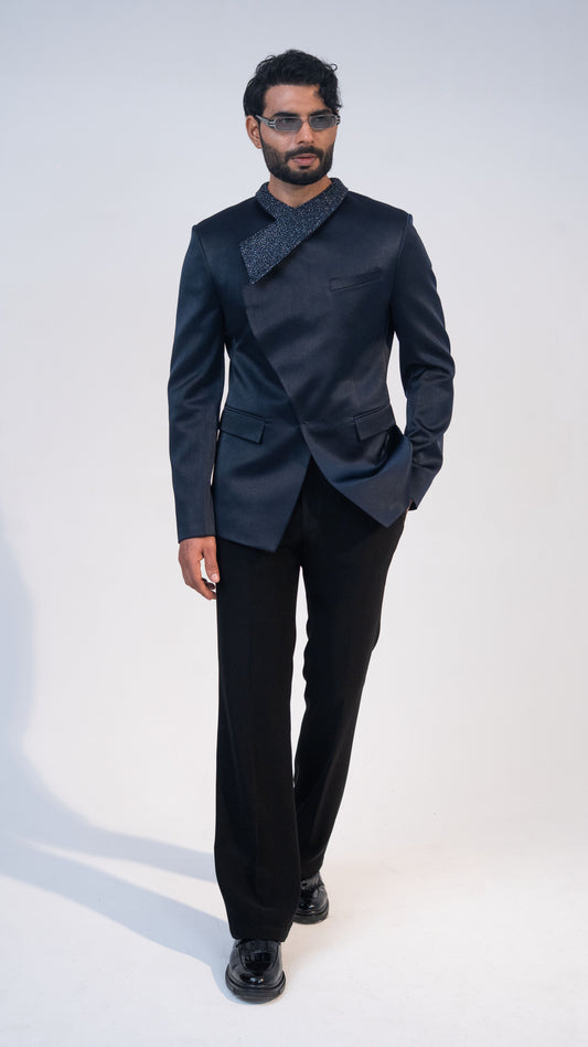 Navy Satin Crystal Collar Jodhpuri Set for Men | BWO by Smit Pithadia