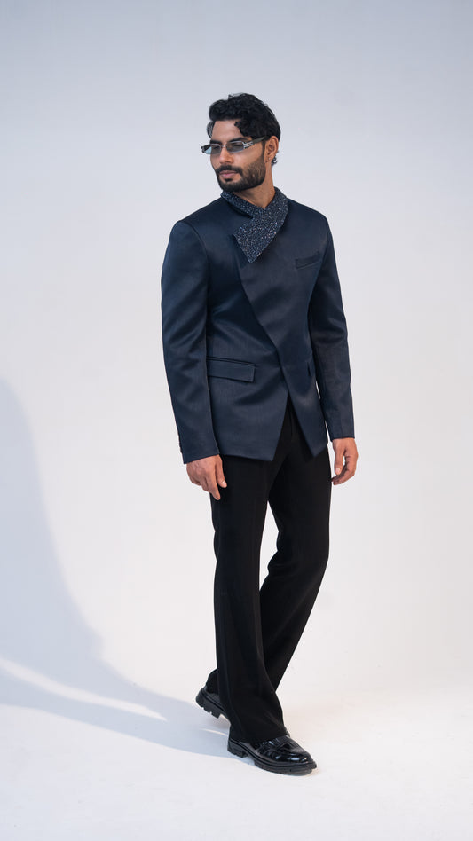Navy Satin Crystal Collar Jodhpuri Set for Men | BWO by Smit Pithadia