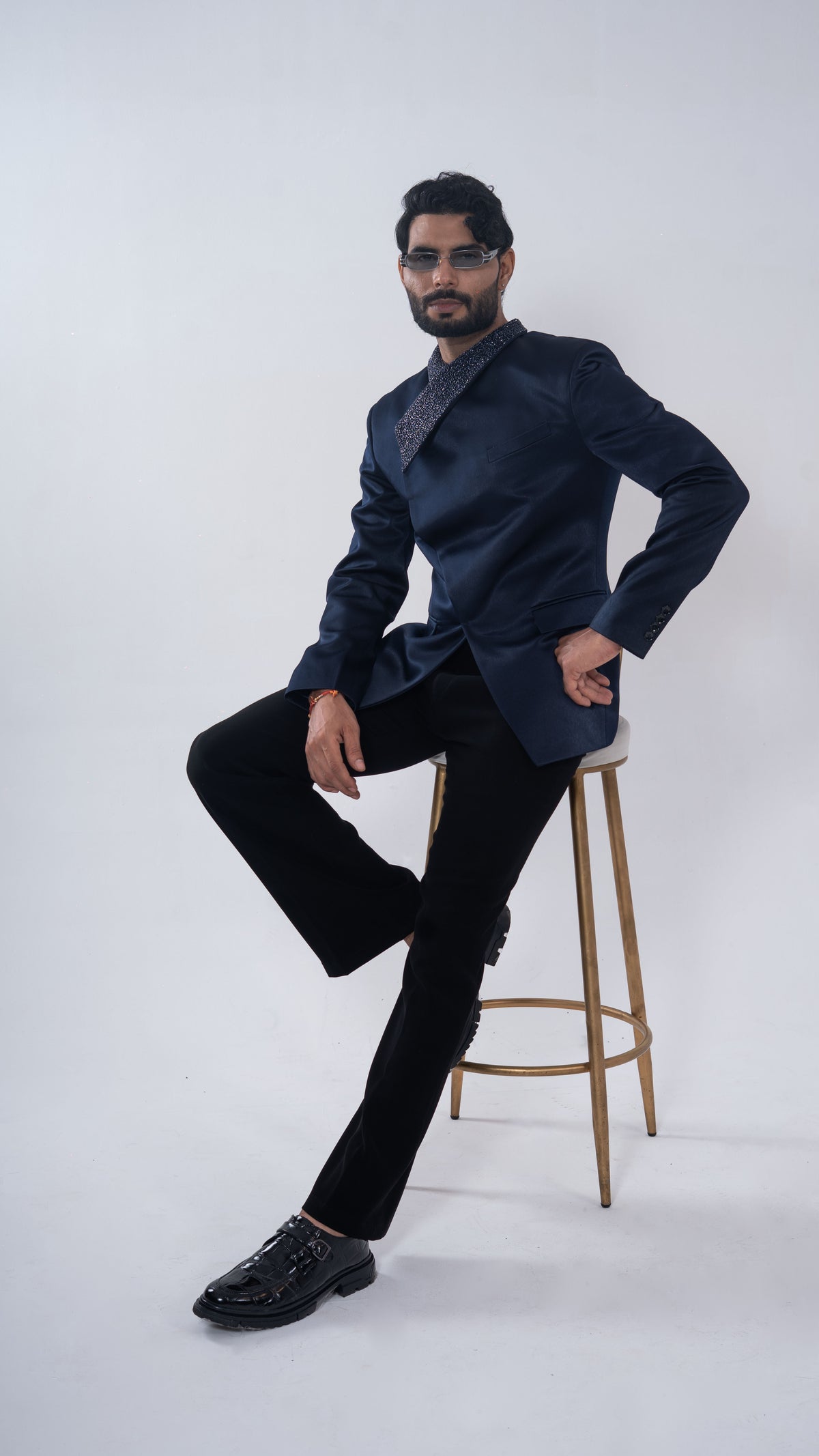 Navy Satin Crystal Collar Jodhpuri Set for Men | BWO by Smit Pithadia