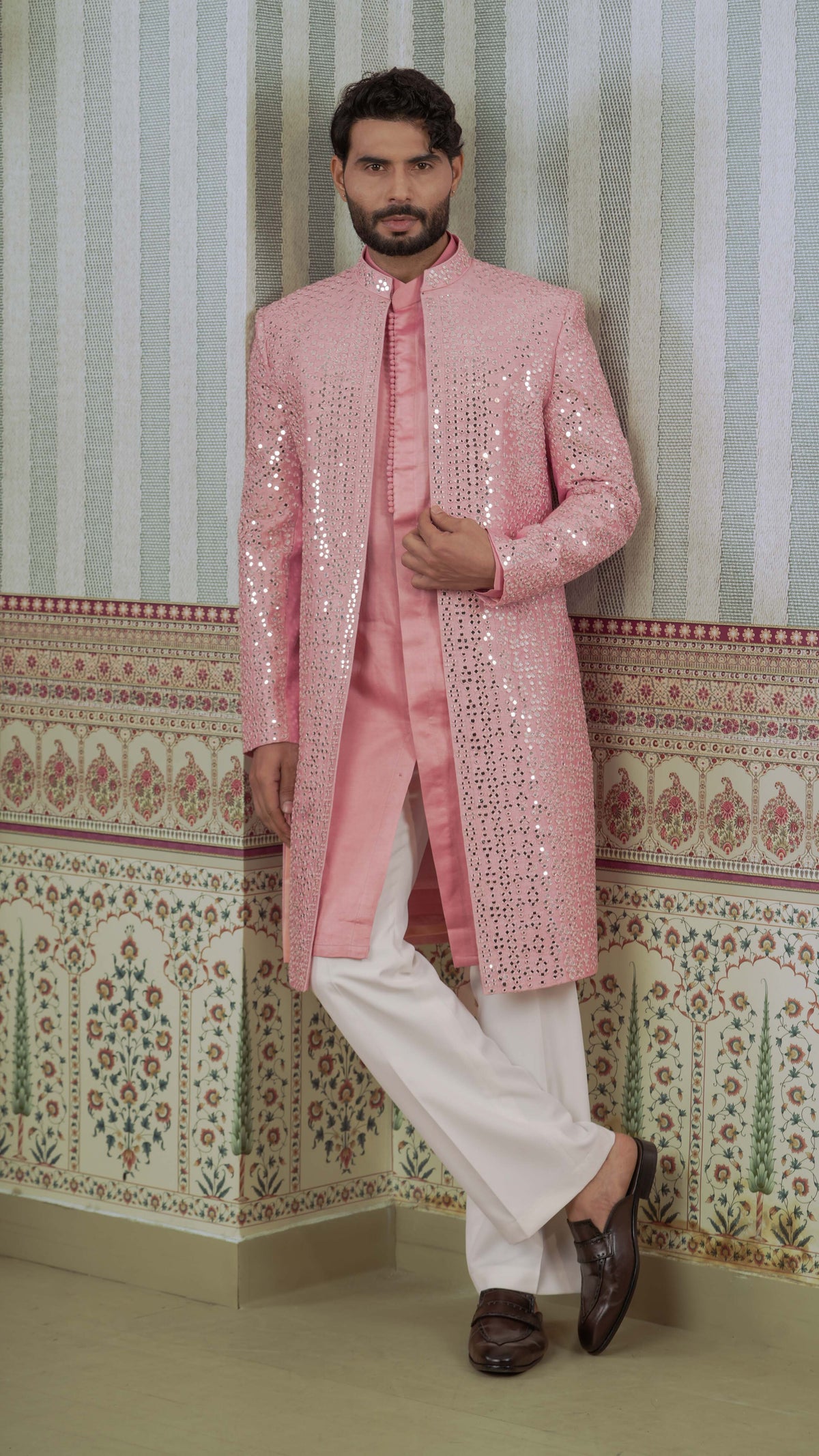 Rose Pink Full Mirror Work Open Sherwani Jacket Kurta Set for Men | BWO by Smit Pithadia