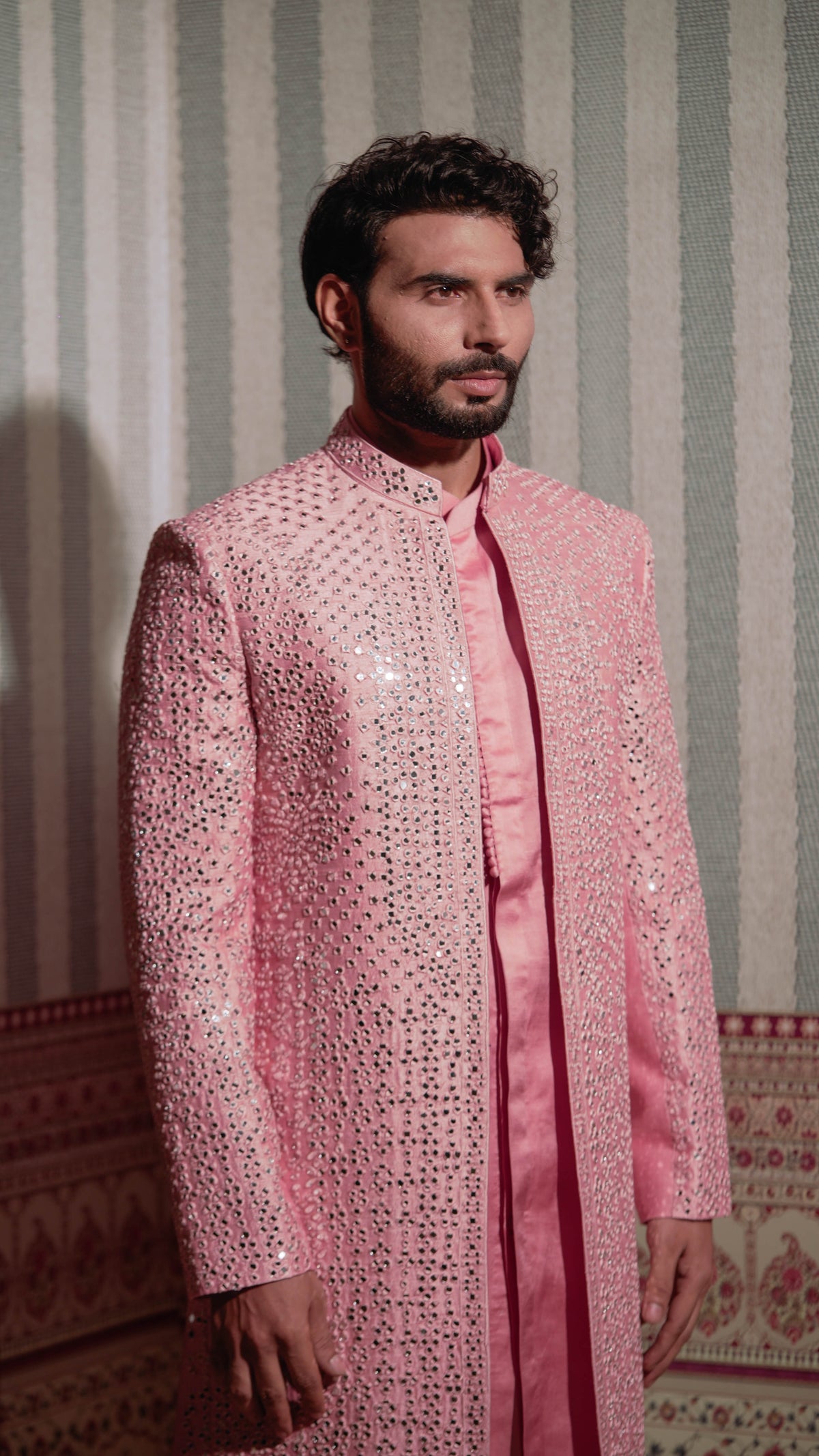 Rose Pink Full Mirror Work Open Sherwani Jacket Kurta Set for Men | BWO by Smit Pithadia