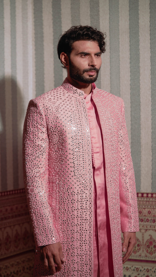 Rose Pink Full Mirror Work Open Sherwani Jacket Kurta Set for Men | BWO by Smit Pithadia
