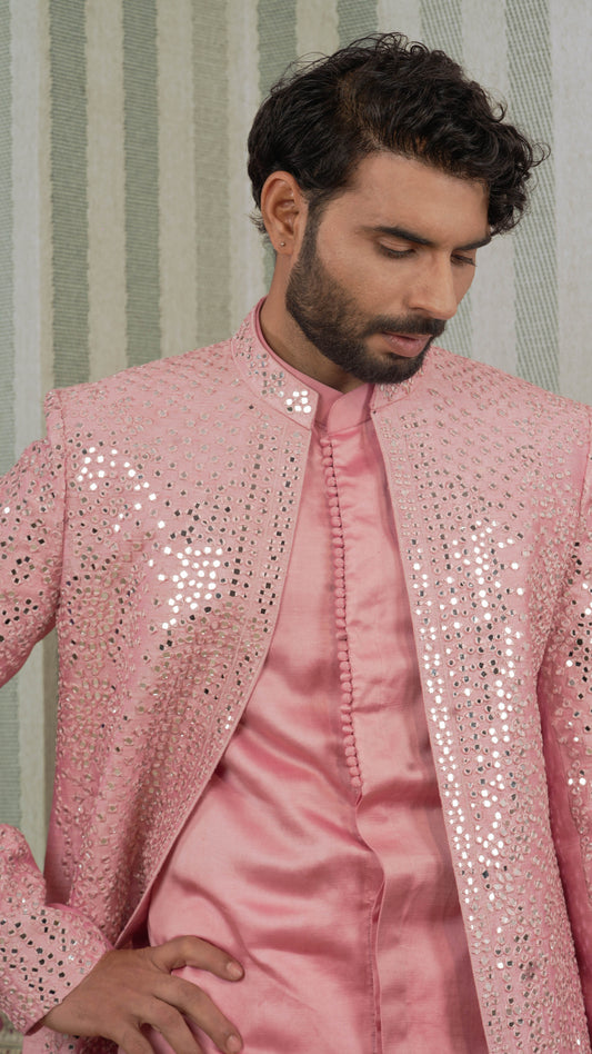 Rose Pink Full Mirror Work Open Sherwani Jacket Kurta Set for Men | BWO by Smit Pithadia