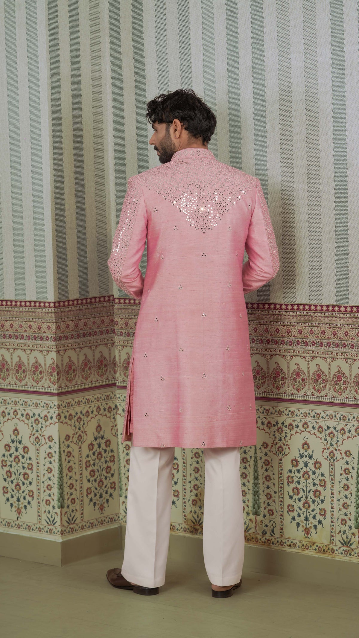 Rose Pink Full Mirror Work Open Sherwani Jacket Kurta Set for Men | BWO by Smit Pithadia