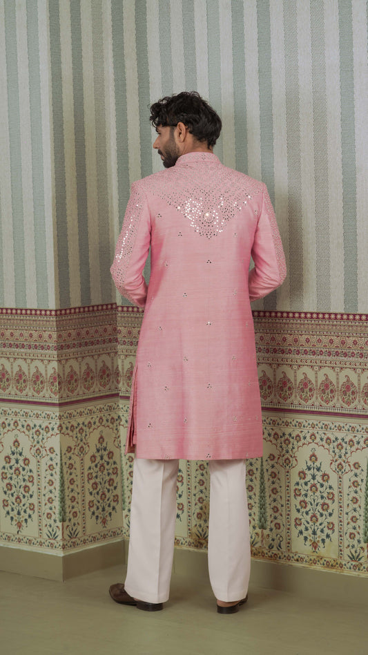 Rose Pink Full Mirror Work Open Sherwani Jacket Kurta Set for Men | BWO by Smit Pithadia