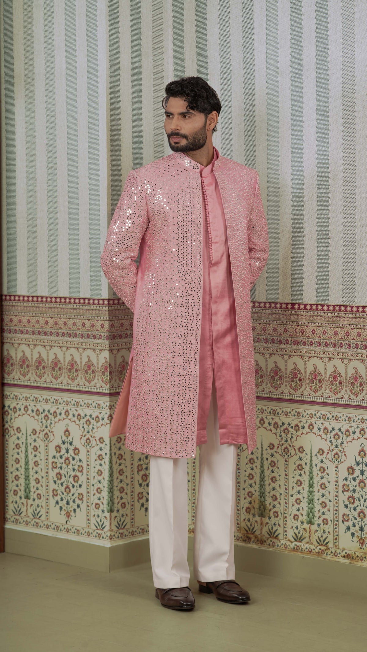 Rose Pink Full Mirror Work Open Sherwani Jacket Kurta Set for Men | BWO by Smit Pithadia