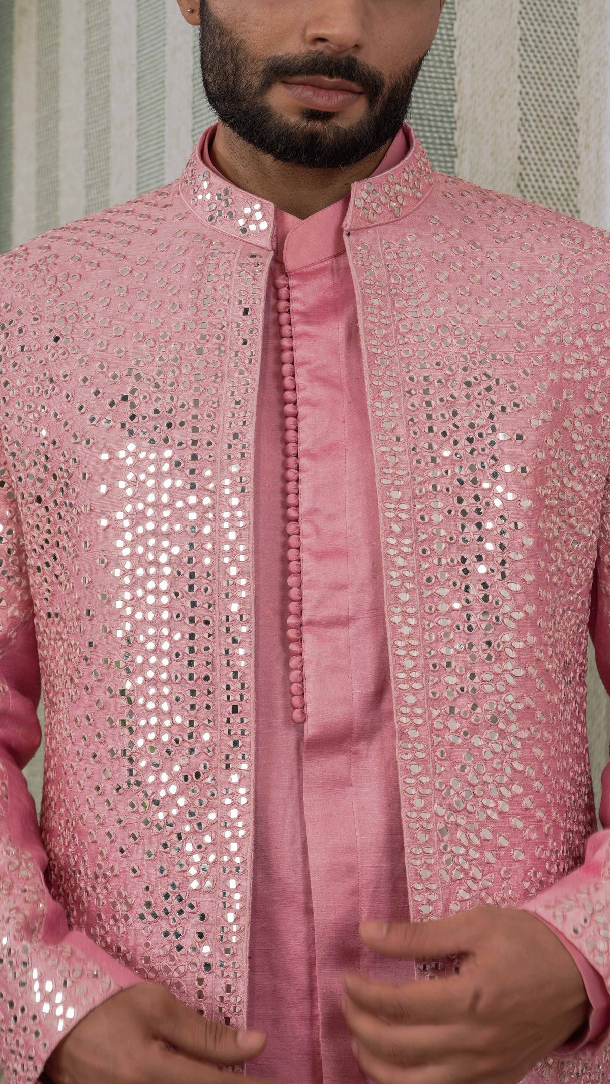 Rose Pink Full Mirror Work Open Sherwani Jacket Kurta Set for Men | BWO by Smit Pithadia