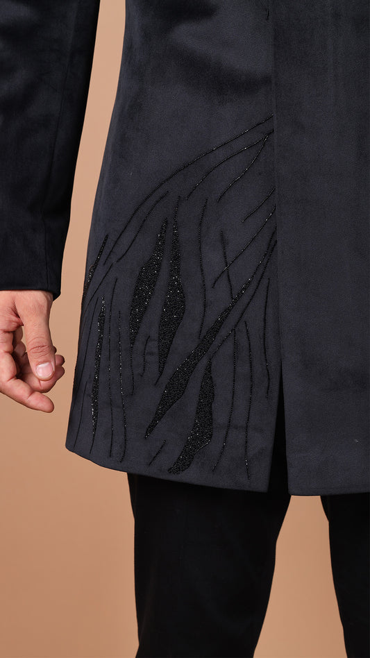 Black Suede IndoWestern with Hand Embroidery on Shoulder and Bottom Left