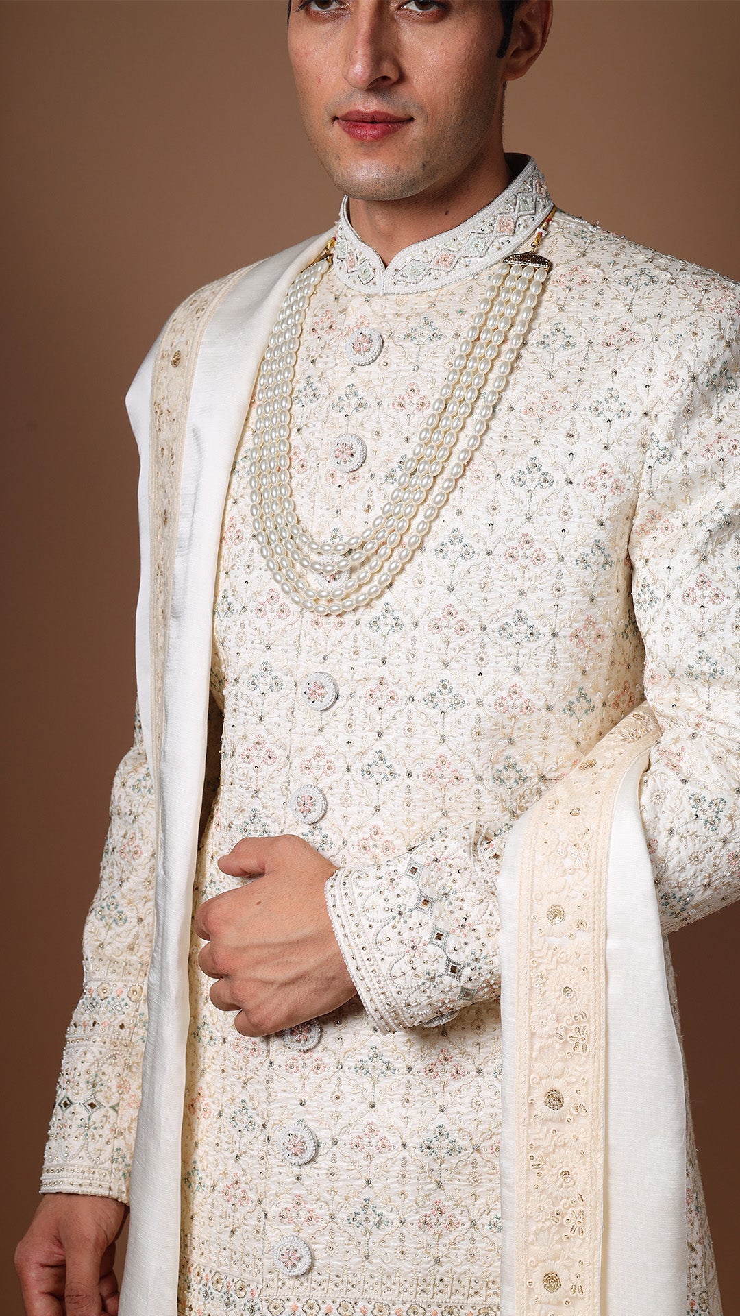 Ivory Hand Embroidered Sherwani Set with Safa, Stole, Mala, and Shoes