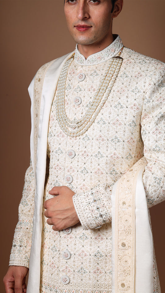 Ivory Hand Embroidered Sherwani Set with Safa, Stole, Mala, and Shoes