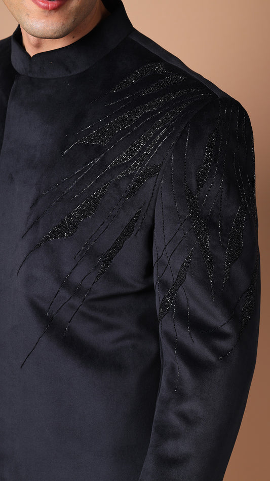 Black Suede IndoWestern with Hand Embroidery on Shoulder and Bottom Left