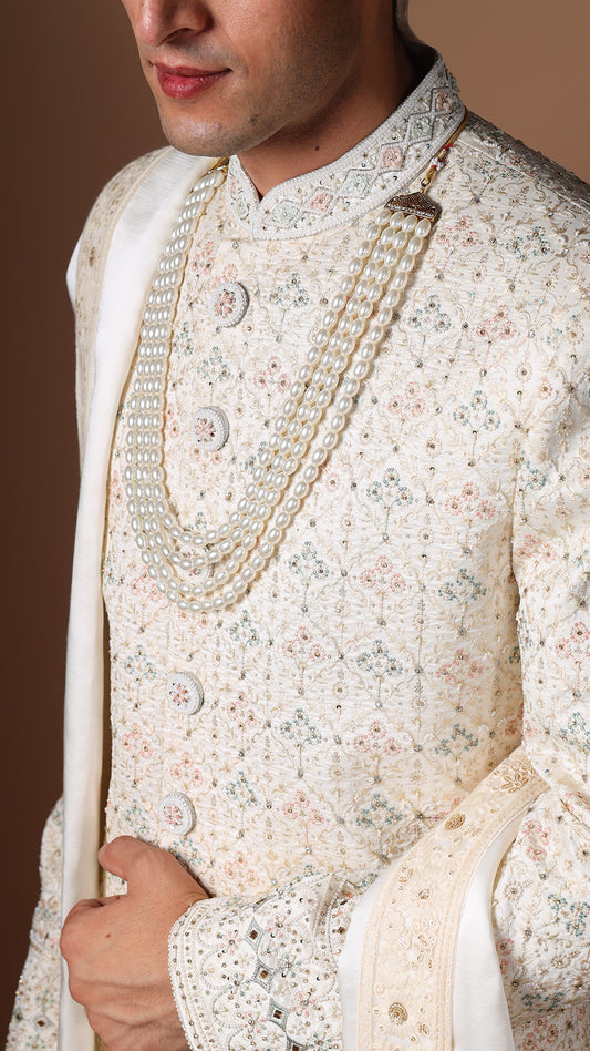 Ivory Hand Embroidered Sherwani Set with Safa, Stole, Mala, and Shoes