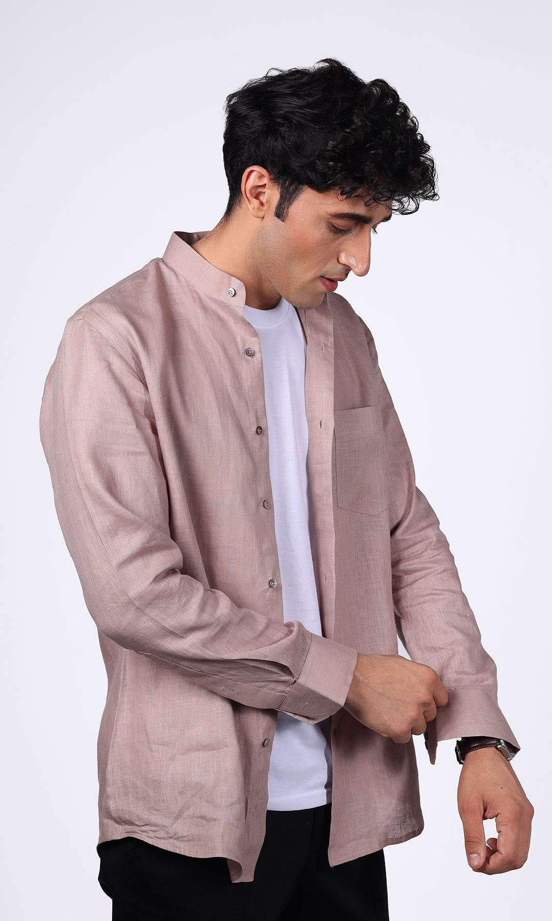 Men's pink linen overshirt, close-up view, showcasing a vibrant color and versatile design, perfect for layering over t-shirts