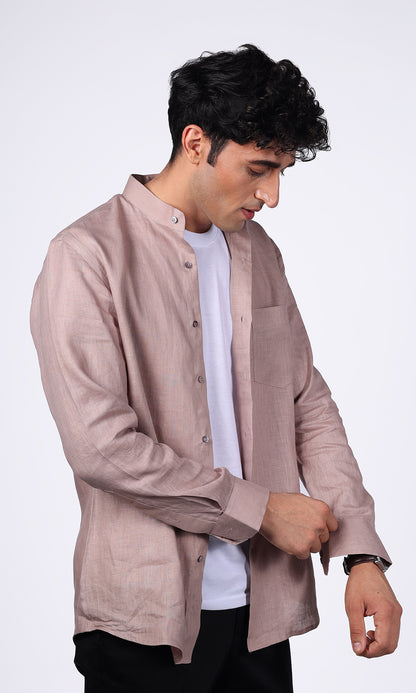 Men's pink linen overshirt, close-up view, showcasing a vibrant color and versatile design, perfect for layering over t-shirts