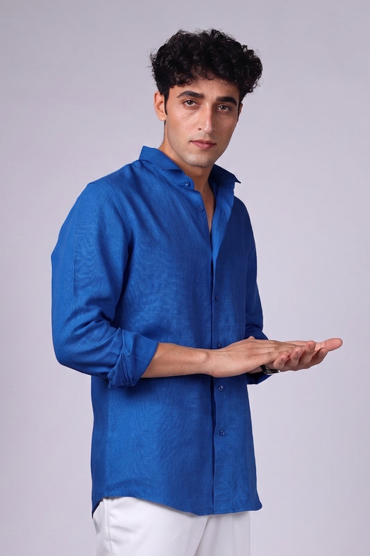 Men's cobalt blue linen shirt with regular collar - three quarter view - bespoke linen shirt BWO Mumbai