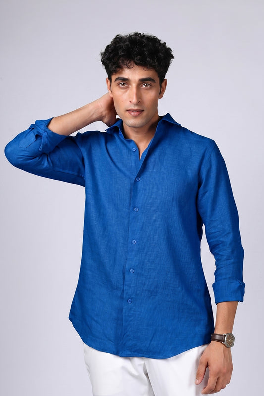 Cobalt blue linen shirt men front view with spread collar and tonal buttons - made to measure linen shirt by BWO