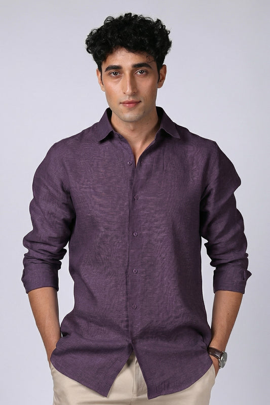 Deep Plum 100% Pure Linen Custom-Fit Shirt for Men