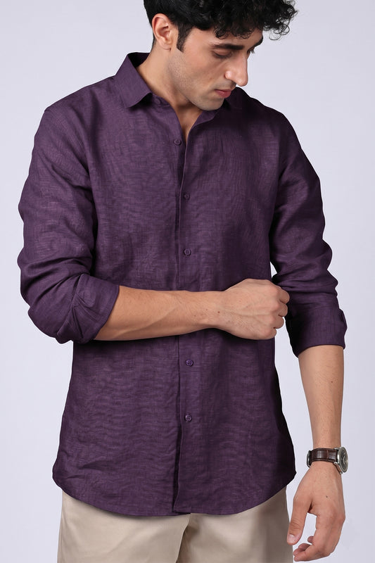 Deep Plum 100% Pure Linen Custom-Fit Shirt for Men