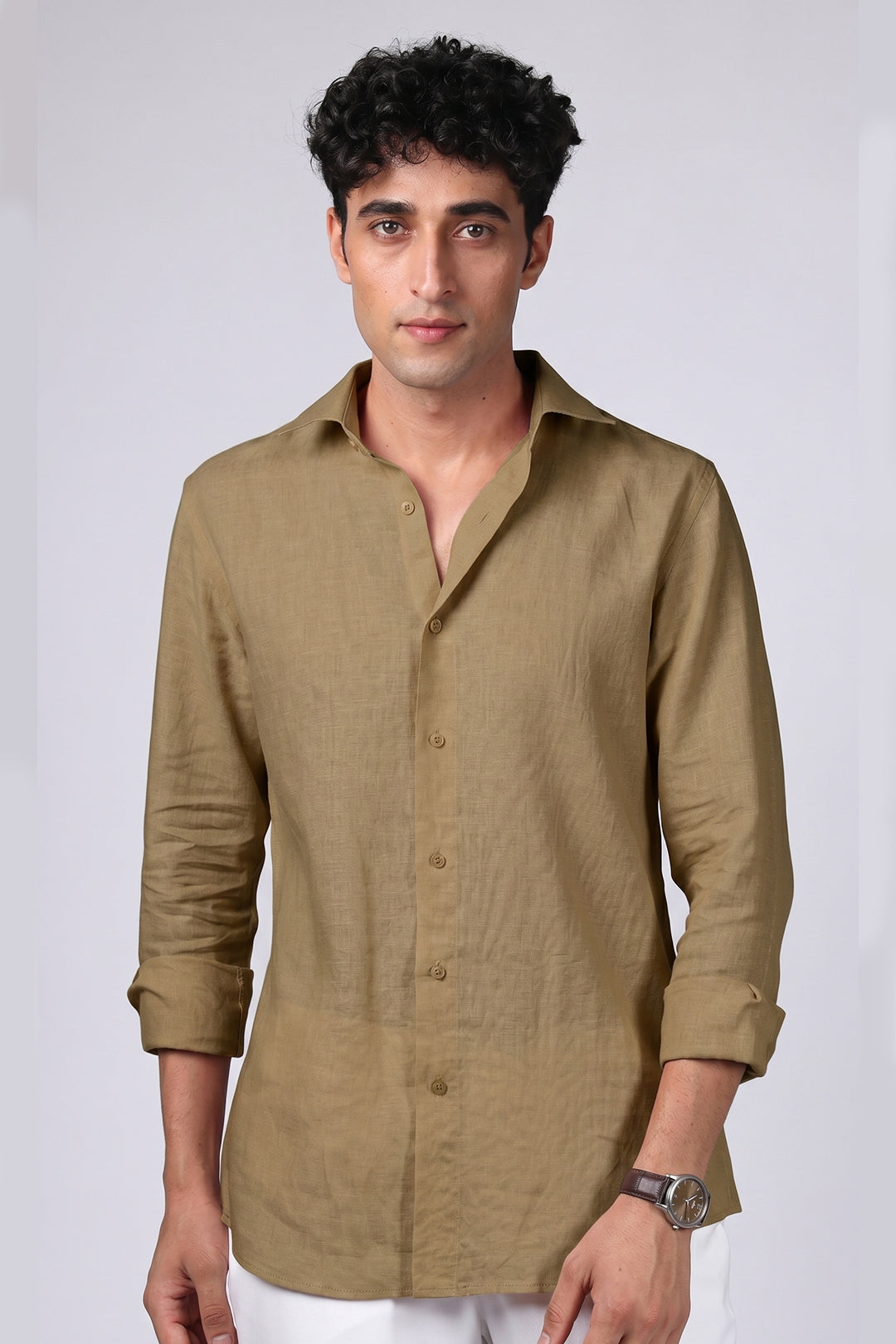 Khaki linen shirt men front view with spread collar and tonal buttons - made to measure pure linen shirt BWO Mumbai