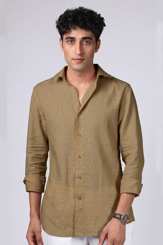 Khaki linen shirt men front view with spread collar and tonal buttons - made to measure pure linen shirt BWO Mumbai