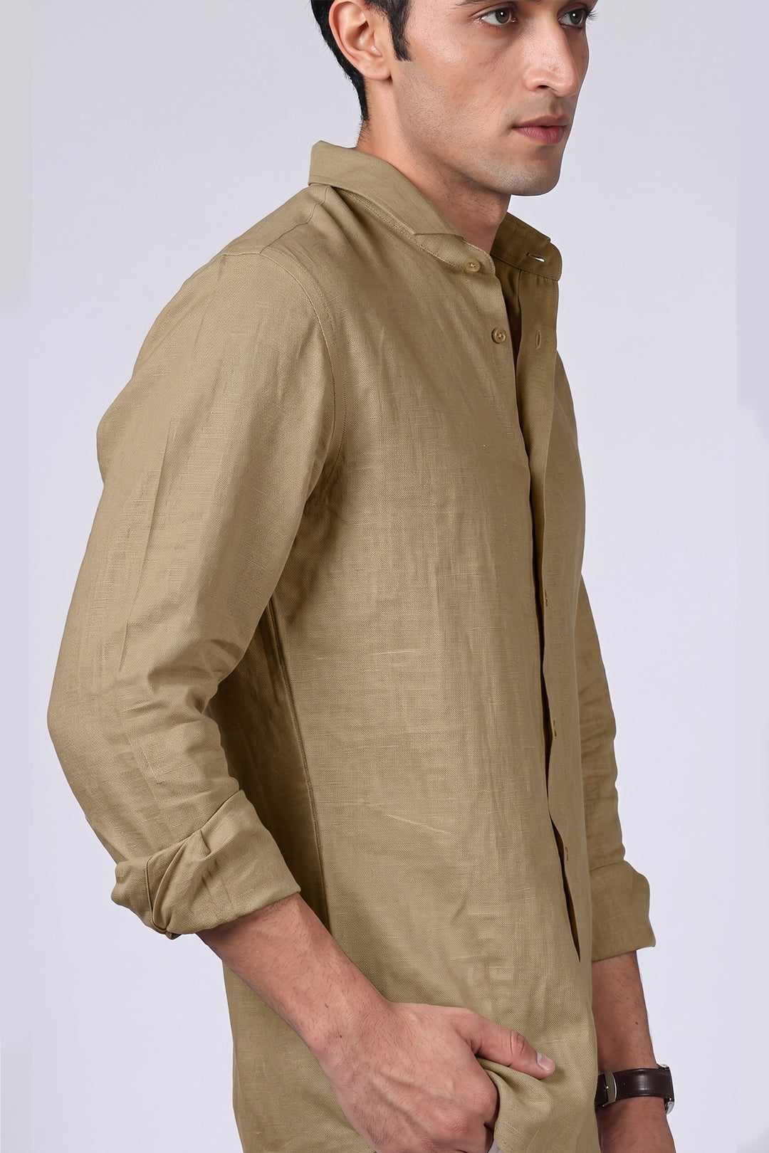 Khaki linen shirt side view with normal collar - tan camel beige linen shirt made to measure BWO Mumbai