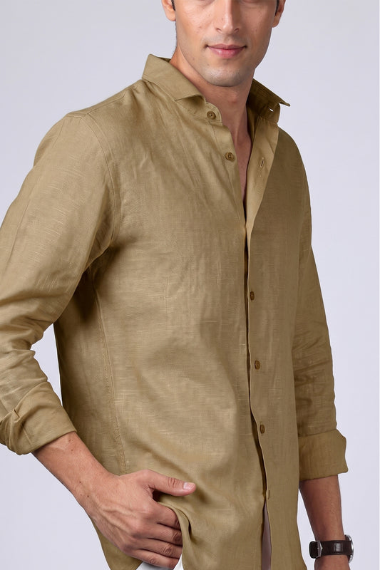 Khaki linen shirt close up showing end-on-end linen texture and tonal button placket - bespoke men's shirt BWO