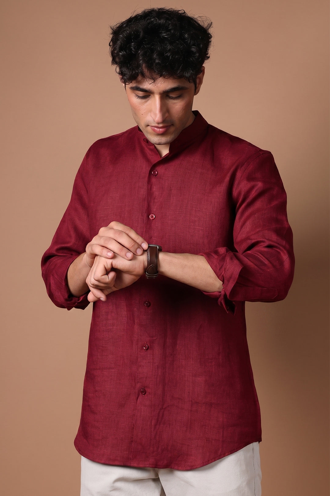 Maroon 100% Pure Linen Tailored Shirt for Men