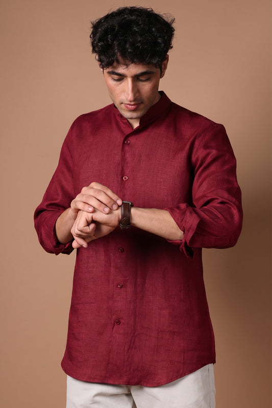 Maroon 100% Pure Linen Tailored Shirt for Men