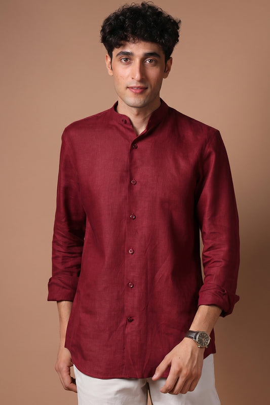 Maroon 100% Pure Linen Tailored Shirt for Men