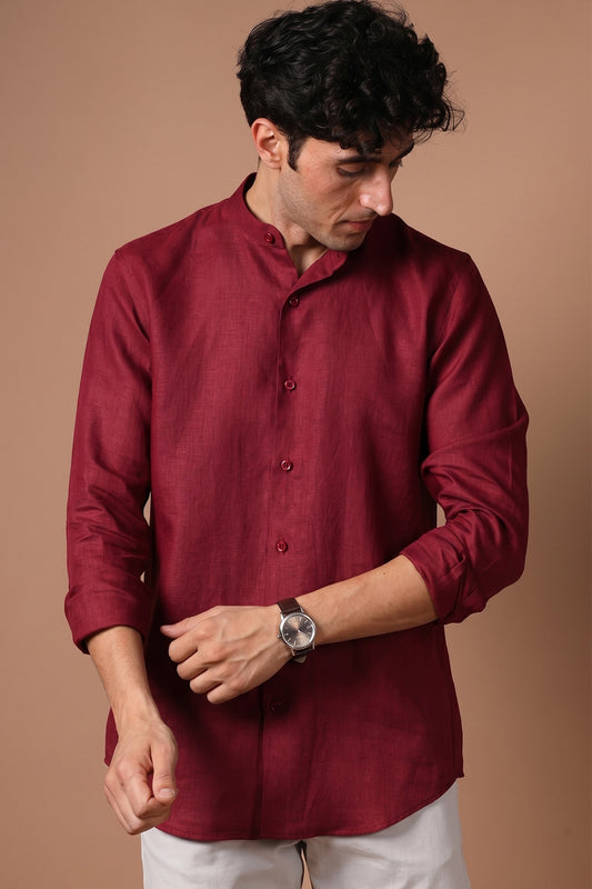 Maroon 100% Pure Linen Tailored Shirt for Men