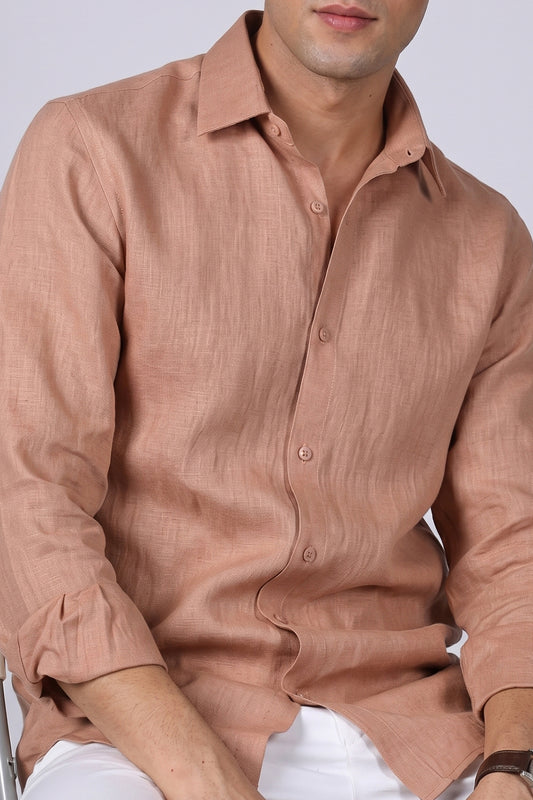 Peach Sandstone pure linen shirt for men, close-up of spread collar, button placket and end-on-end linen texture, styled with white trousers, by BWO